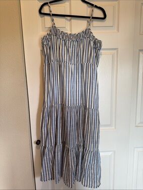 aerie Blue and White Striped Tiered Maxi Dress
